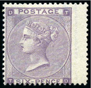 Stamp of Great Britain » 1855-1900 Surface Printed » 1862-64 Small Uncoloured Corner Letters 1862-64 6d Lilac pl.4 (hair lines) TD mint og right hand wing margin example