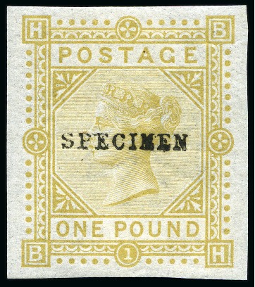 Stamp of Great Britain » 1855-1900 Surface Printed » 1867-83 High Values 1867-83 £1 Imperforate colour trial in bistre with "SPECIMEN" type 9 overprint