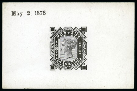 Stamp of Great Britain » 1855-1900 Surface Printed » 1867-83 High Values 1867-83 10s De La Rue die proof in black on white glazed card