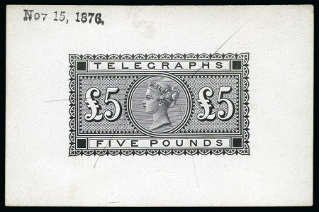 Stamp of Great Britain » Telegraphs 1876 £5 Telegraphs De La Rue die proof in black on white glazed card 