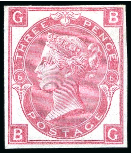 Stamp of Great Britain » 1855-1900 Surface Printed » 1867-80 Large Uncoloured Corner Letters, Wmk Spray of Rose 1867-80 3d Rose pl.6 imperforate imprimatur, mint hr