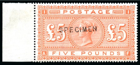 Stamp of Great Britain » 1855-1900 Surface Printed » 1867-83 High Values 1867-83 £5 Orange on white paper with "SPECIMEN" type 11 overprint