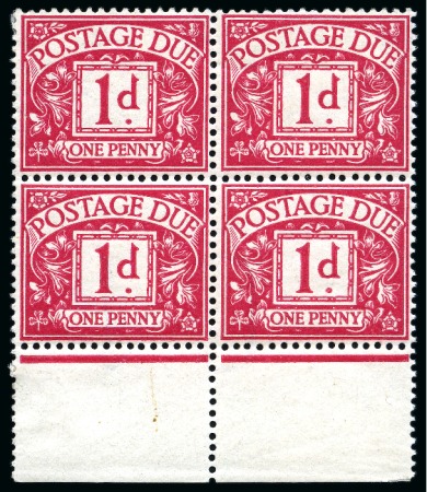 Stamp of Great Britain » Postage Dues 1914 1d Carmine lower marginal block of four with the lower pair showing variety "without Royal Cypher watermark"
