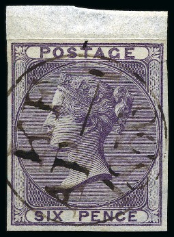 Stamp of Great Britain » 1855-1900 Surface Printed » 1855-57 No Corner Letters 1855-57 Wmk Emblems 6d deep mauve imperforate plate proof on wove paper with watermark emblems inverted, trial cancellation