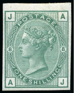 Stamp of Great Britain » 1855-1900 Surface Printed » 1873-80 Large Coloured Corner Letters 1873-80 1s Green pl.8 AJ imperforate imprimatur, mint hr