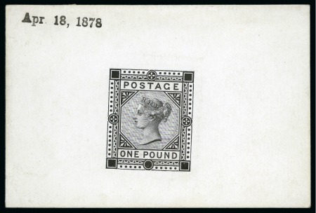 Stamp of Great Britain » 1855-1900 Surface Printed » 1867-83 High Values 1867-83 £1 De La Rue die proof in black on white glazed card (92x60mm) with outer frame lines