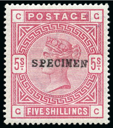 Stamp of Great Britain » 1855-1900 Surface Printed » 1883-84 & 1888 High Values 1883-84 5s Rose on blued paper GC "SPECIMEN" type 9 overprint, mint hr