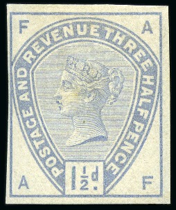 Stamp of Great Britain » 1855-1900 Surface Printed » 1883-84 Lilac & Green Issue 1883-84 Lilac & Green issue 1 1/2d Colour trial in pale grey on imperforate white watermarked paper