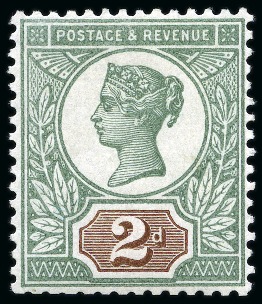 Stamp of Great Britain » 1855-1900 Surface Printed » 1887-1900 Jubilee Issue & 1891 £1 Green 1887 Jubilee 2d with head plate in green and duty plate in deep brown