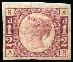Stamp of Great Britain » 1854-70 Perforated Line Engraved 1870 1/2d Rose-Red pl.4 AR imperforate imprimatur