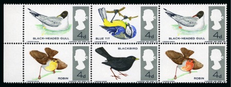 Stamp of Great Britain » Queen Elizabeth II 1966 British Birds (ordinary paper) 4d with ERROR RED OMITTED in left marginal block of six
