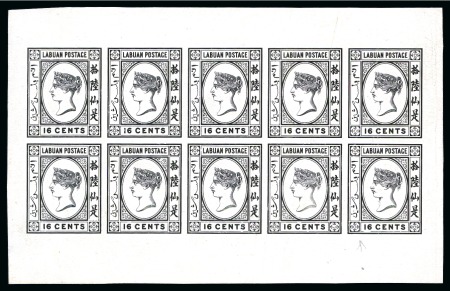 Stamp of Labuan 1879 16c PLATE PROOF IMPERFORATE SHEET OF 10 in black on thin surfaced card