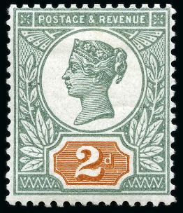 Stamp of Great Britain » 1855-1900 Surface Printed » 1887-1900 Jubilee Issue & 1891 £1 Green 1887 Jubilee 2d colour trial with head plate in green and duty plate in orange