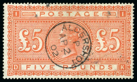 Stamp of Great Britain » 1855-1900 Surface Printed » 1867-83 High Values 1867-83 £5 Orange pl.1 DK on white paper with central Aldershot AP.2.1902 cds