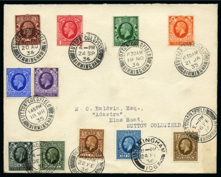 Stamp of Great Britain » King George V » 1924-36 Issues 1934-36 Photogravure 1/2d to1s set of eleven stamps each neatly tied to an envelope on their FIRST DAY OF ISSUE