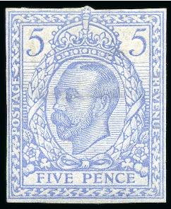Stamp of Great Britain » King George V » 1911-12 Downey Head Issues 1911 5d Engravers Sketch Die for unissued value, die 2 head, cut down die proof used as a colour trial printed in pale blue