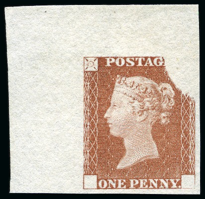 Stamp of Great Britain » Line Engraved Essays, Plate Proofs, Colour Trials and Reprints 1840 1d Rainbow trial, state 3, in red-brown on white wove paper, top left corner marginal