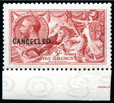 Stamp of Great Britain » King George V » 1913-19 Seahorse Issues 1915 De La Rue 5s bright carmine Seahorse with "CANCELLED" type 24 overprint, mint nh