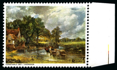 Stamp of Great Britain » Queen Elizabeth II 1968 British Paintings 1s9d showing GOLD (Queen's head and face value), PHOSPHOR AND EMBOSSING OMITTED