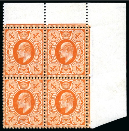 Stamp of Great Britain » King Edward VII » 1902-10 De La Rue Issues 1902-10 4d Brown-Orange mint nh top right hand corner marginal block of four