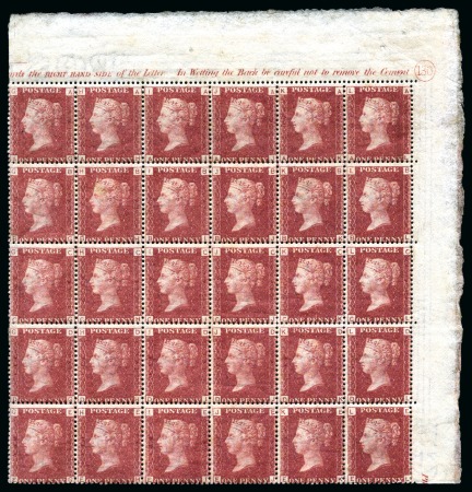 Stamp of Great Britain » 1854-70 Perforated Line Engraved 1869 1d Rose-Red pl.130 AG-EL, wmk reversed, in mint og top right hand corner marginal block of thirty