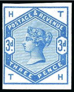 Stamp of Great Britain » 1855-1900 Surface Printed » 1883-84 Lilac & Green Issue 1883-84 Lilac & Green issue 3d colour trial in bright blue on white imperforate gummed watermarked paper