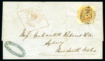 Stamp of Australia » Tasmania 1855 (Sep 11) Wrapper from Launceston to Sydney with 1853 4d dull orange pl.2