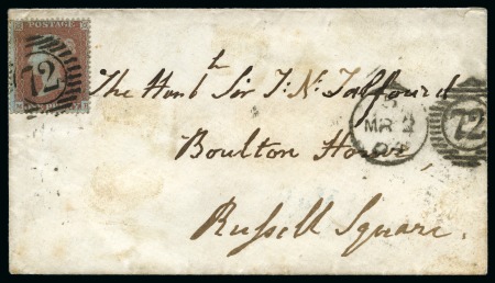 Stamp of Great Britain » 1854-70 Perforated Line Engraved 1850 1d Red brown "Archer" perf. 16 pl.99 MB tied to an envelope by a London district "72" numeral