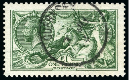 Stamp of Great Britain » King George V » 1913-19 Seahorse Issues 1913 Waterlow £1 deep green Seahorse neatly cancelled by a Guernsey JU.3.1914 cds