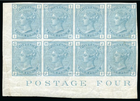 Stamp of Great Britain » 1855-1900 Surface Printed » 1873-80 Large Coloured Corner Letters 1873-80 4d pl.15 colour trial in turquoise-blue in mint og lower left corner marginal block of eight