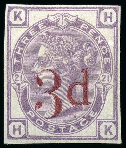 Stamp of Great Britain » 1855-1900 Surface Printed » 1880-83 Large Coloured Corner Letters, Wmk Imperial Crown 1880-83 3d on 3d Lilac pl.21 imperforate imprimatur, mint part og