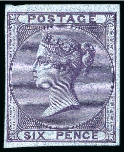 Stamp of Great Britain » 1855-1900 Surface Printed » 1855-57 No Corner Letters 1855-57 Wmk Emblems 6d deep lilac pl.1 on blued highly glazed paper imperforate imprimatur