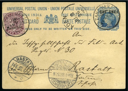 Stamp of Zanzibar 1896 (May 26) 1a on 1 1/2a blue postcard uprated with 1896 (11 May) "2 1/2" (type 3) on 1a plum