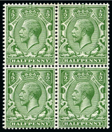 Stamp of Great Britain » King George V » 1912-24 Profile Head Issues 1913 Wmk Multi Cypher 1/2d Bright green mint og block of four
