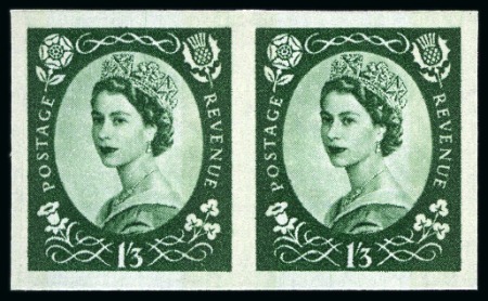 Stamp of Great Britain » Queen Elizabeth II 1960 Wildings 1s3d Green, wmk Crowns, 2 bands reacting green, mint nh imperforate imprimatur in pair