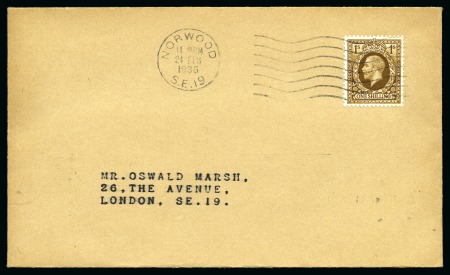 Stamp of Great Britain » King George V » 1924-36 Issues 1934-36 Photogravure 1s bistre-brown tied to a plain "Oswald Marsh" first day cover