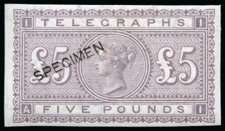 Stamp of Great Britain » Telegraphs 1877 £5 Telegraphs imperforate colour trial in dull-mauve with "SPECIMEN" type 8 overprint