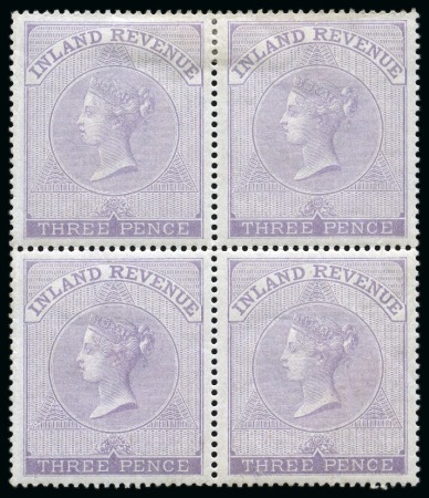 Stamp of Great Britain » Revenues POSTAL FISCALS: 1881 Wmk Anchor (18mm) 3d reddish lilac perf.14 mint og block of four