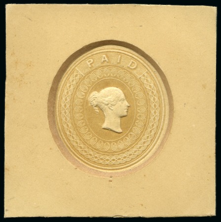 Stamp of Great Britain » 1839 Treasury Competition 1847 Embossed essay by Charles Whiting showing the uncrowned Queen's head within an ornate engine turned oval surround