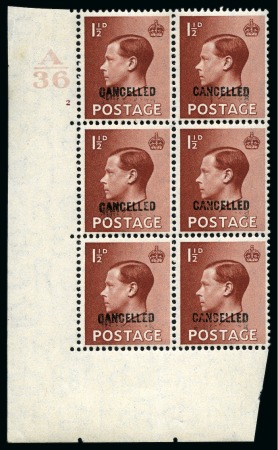 Stamp of Great Britain » King Edward VIII 1936 1 1/2d Red-brown with "CANCELLED" type 33 overprint in mint nh lower left corner marginal A/36 control block of six