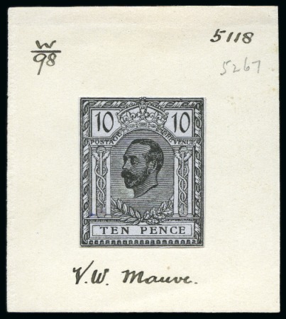 Stamp of Great Britain » King George V » 1911-12 Downey Head Issues 1910 10d Hentschel colour essay in black on pale mauve unwatermarked paper affixed to thin white card
