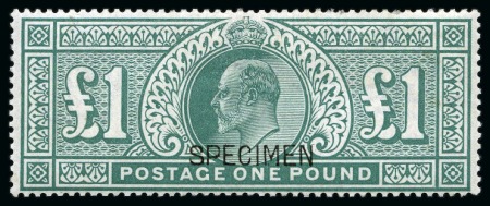 Stamp of Great Britain » King Edward VII » 1902-10 De La Rue Issues 1902-10 £1 Dull Blue Green with "SPECIMEN" type 16 overprint