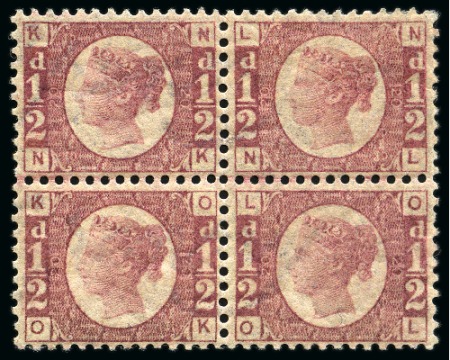 Stamp of Great Britain » 1854-70 Perforated Line Engraved 1870 1/2d Rose-Red pl.20 NK/OL mint og block of four
