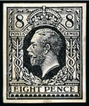 Stamp of Great Britain » King George V » 1912-24 Profile Head Issues 1912 8d Trial of Eve's pillar design (22mm, medal head) set of four imperforate essays printed in black on white glazed card