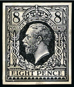 Stamp of Great Britain » King George V » 1912-24 Profile Head Issues 1912 8d Trial of Eve's pillar design (22mm, medal head) set of four imperforate essays printed in black on white glazed card