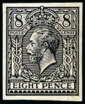 Stamp of Great Britain » King George V » 1912-24 Profile Head Issues 1912 8d Trial of Eve's pillar design (22mm, medal head) set of four imperforate essays printed in black on white glazed card