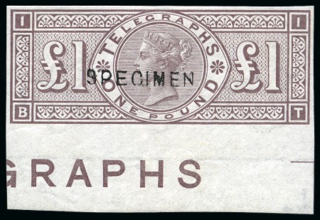 Stamp of Great Britain » Telegraphs 1877 £1 Telegraph imperforate colour trial in brown-lilac with "SPECIMEN" type 11 overprint