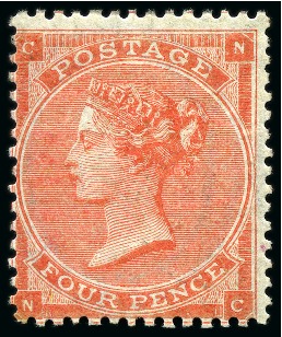 Stamp of Great Britain » 1855-1900 Surface Printed » 1862-64 Small Uncoloured Corner Letters 1862-64 4d Bright Red pl.4 NC mint part part og