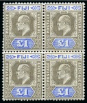 Stamp of Fiji 1903 Wmk CA complete set of 11 to £1 in mint blocks of four