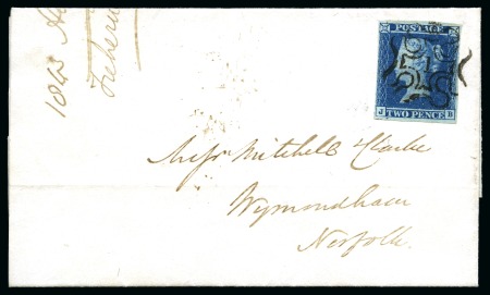 Stamp of Great Britain » 1841 2d Blue 1843 (Aug 23) Lettersheet from London to Wymondham with 1841 2d blue pl.3 JB,close to large margins, tied by neat London "1" in MC